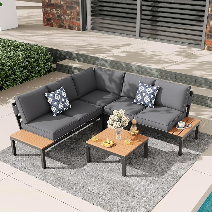 4-Piece Metal Patio Furniture Set, Outdoor Conversation Set with Adjustable Backrest, Waterproof Cushions,L-Shaped Outdoor Sectional with Wood-Look Tabletop & Sidetable for Backyard,Deck,Garden,Grey