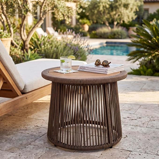 Conical Dark Beige Rope Side Table, Teak Finish Acacia Wood Top, 150 lbs Capacity, No Assembly Required, Modern Open-Weave Round Accent Table for Patio Backyard Living Room