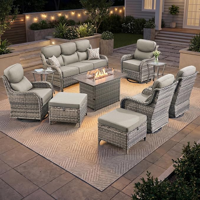 Luxury Patio Furniture Set 10pcs with 6-inch Thick Cushion, Outdoor Furniture with Fire Pit Table, Swivel Chairs, Sofa, Side Table, Ottomans, Patio Set for Deck Yard Grey Wicker | Grey Cushions
