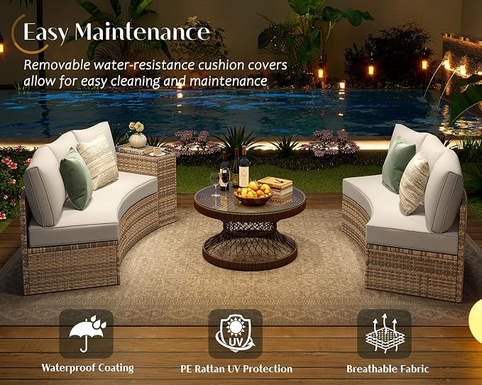 PaPaJet 6-Piece Patio Furniture Set, Half-Moon Wicker Sectional Sofa with Cushions, Waterproof Rattan Outdoor Conversation Set for Beach, Pool, Garden & Balcony, Beige