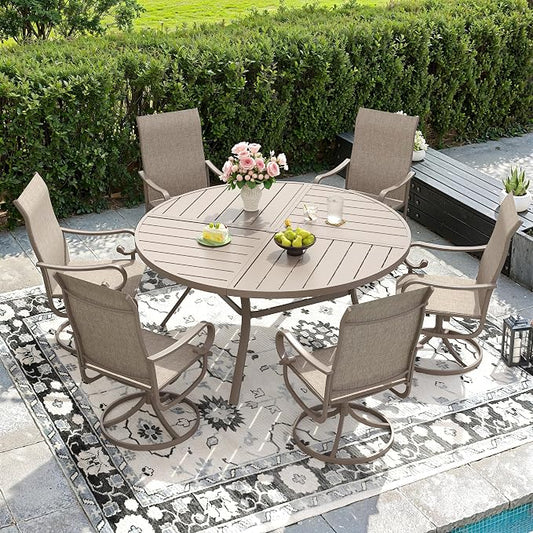DIFY 7 Piece Outdoor Dining Set for 6, 50" Round Metal Dining Table with Umbrella Hole and Swivel Patio Chairs with Textilene Fabric, Patio Table and Chairs Set for Garden Backyard Deck, Sandshell