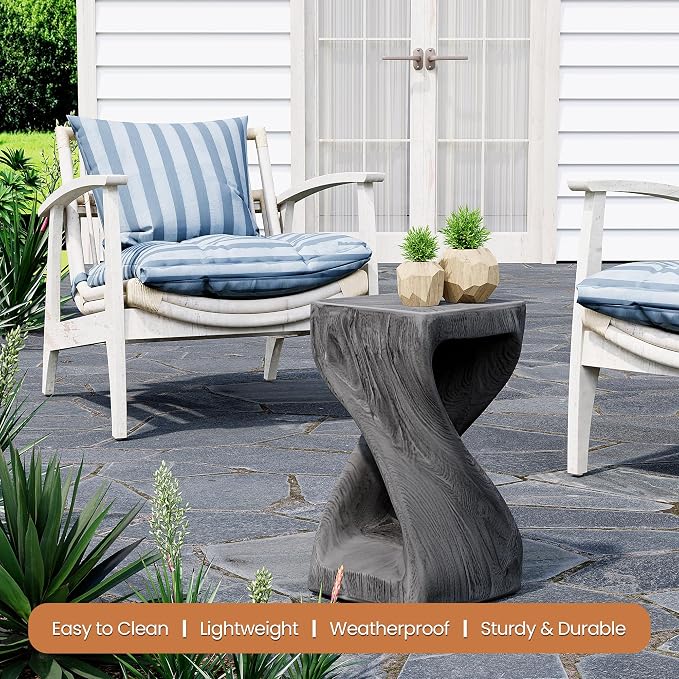 HOMPUS Outdoor Side Table w Twisty Shape, Concrete Accent End Table, Faux Wooden Patio Side Table Lightweight MgO, Modern Vintage Plant Stand Garden Tool for Indoor Outdoor Use, Color Grey
