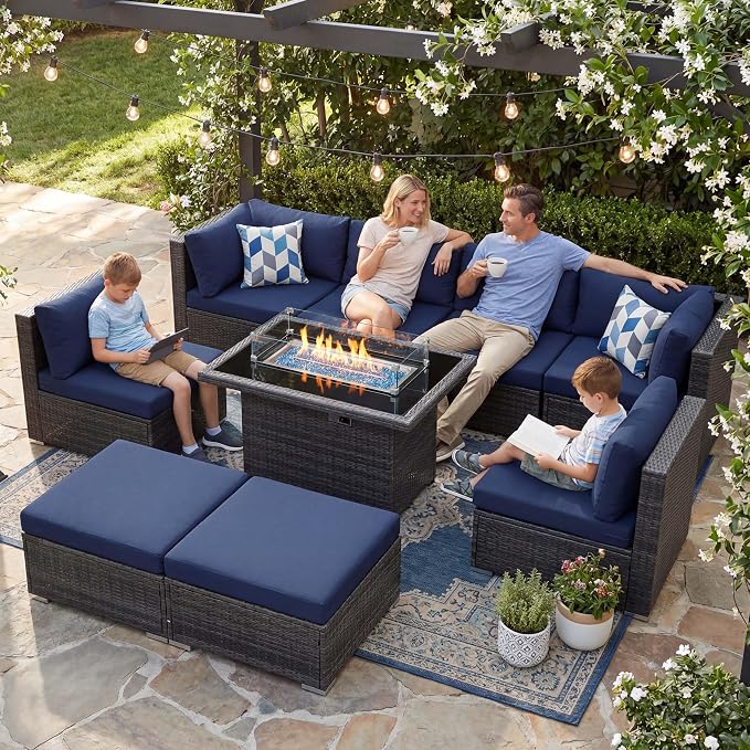 NICESOUL 9 Piece Oversized Outdoor Patio Furniture Set, 29.3'' High Back Comfy Sectional Sofa Set with Firepit Natural Gas & Propane, Deep Seating Conversation Couches, 2 Color Cushion Navy & Gray