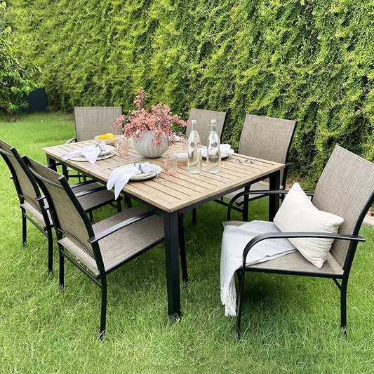 MIXPATIO 7 Pieces Patio Table and Chairs Set, Patio Dining Set for 6, 6 Textilene Chairs and 1 Wood-Like Rectangle Steel Table with Umbrella Hole, for Deck Backyard Lawn Poolside, Brown