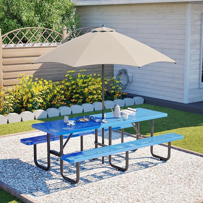 96" Rectangular Metal Picnic Table, Commercial Steel Picnic Tables with 1.96" Umbrella Hole, Heavy Duty Picnic Tables for Outdoor Garden Courtyard BBQ, Blue