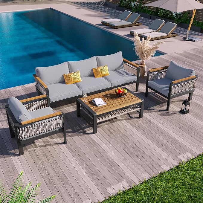 4 Pieces Outdoor Sectional Sofa Set 5-Person Patio Seating Group Outdoor Conversation Set with Cushions and a Coffee Table for Patios, Gardens,or Balcony (Grey#30)