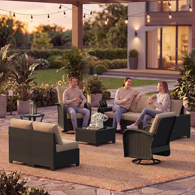 LazySunsets 9 PCS Patio Furniture Set, Outdoor Sectional All-Weather Wicker Conversation Set with Swivel Rocker Chairs, 4'' Thick Cushions for Backyard Poolside(Cream/Black)