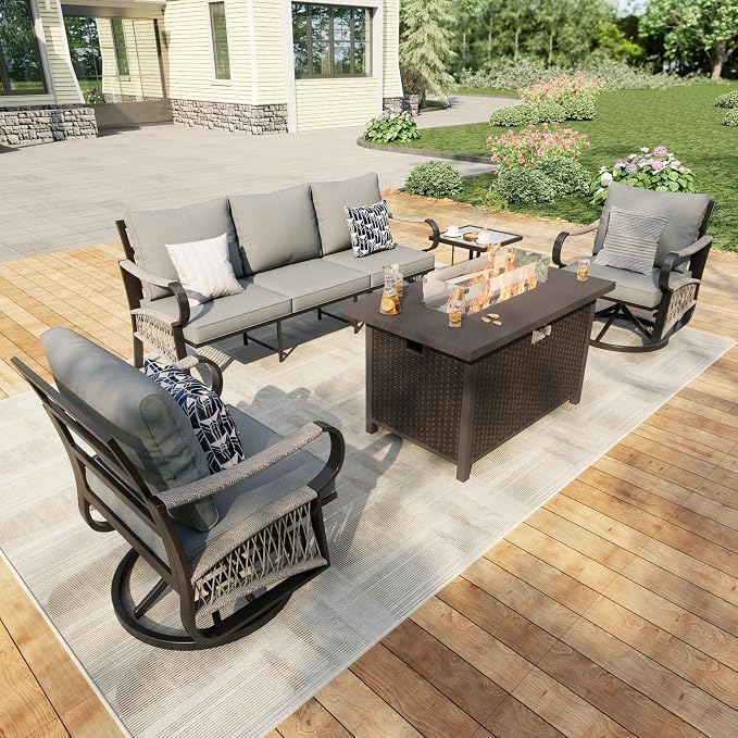 5 Pieces Patio Furniture Set, Metal Outdoor Conversation Sets with Fire Pit Table and Swivel Chairs for Backyard Garden Deck Porch Poolside (Thick Gray Cushions)
