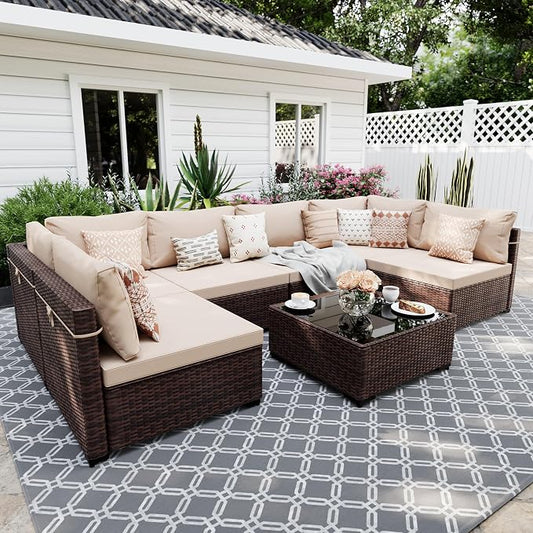 UPHA 7 Pieces Patio Furniture Sets, Wicker Outdoor Sectional Sofa Couch with Coffee Table, Patio Conversation Set for Deck Backyard Garden, Brown Rattan, Beige Cushion