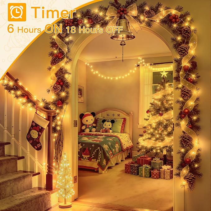 Ollny Christmas Lights 200LED 60FT Indoor, Warm White Connectable Plug in String Light Outdoor, 8 Modes Waterproof Timer LED Fairy Lights for House Outside Bedroom Patio Balcony