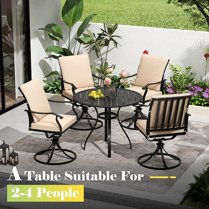 36" Outdoor Bistro Table, Round Metal Patio Table with Umbrella Hole, Rust-Resistant Steel Slat Top Coffee Table for Garden, Balcony, Deck and Backyard, Black