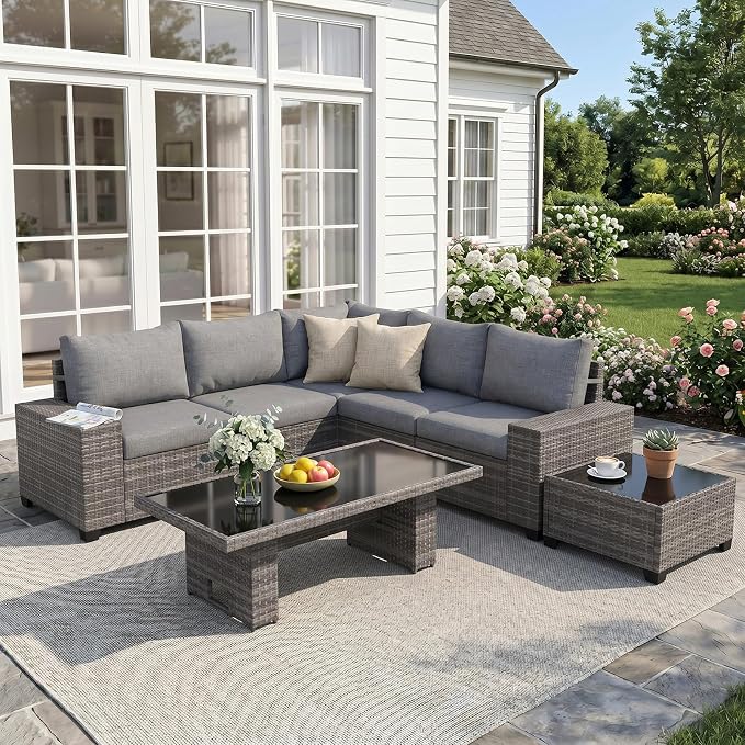 JOIVI 7 Piece Outdoor Patio Furniture Set with Adjustable Height Dining Table, Rattan Outdoor Sectional Sofa Conversation Set, PE Wicker L-Shaped Patio Furniture for Garden, Backyard, Deck, Gray