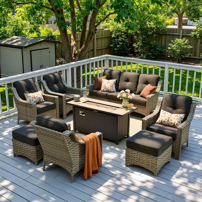 8 Piece Patio Furniture Set with Fire Pit Table, All Weather Wicker High Back Sofa Chairs Ottoman with Thick Cushion, Outdoor Conversation Sets for Large Backyard Deck Garden, Black