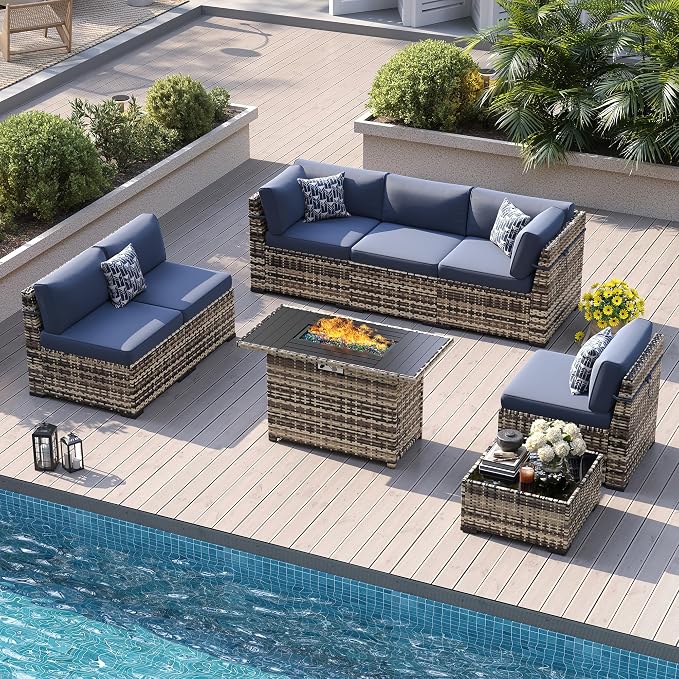 8 Pieces Outdoor Patio Furniture Set with 44" Fire Pit Table Yellow Rattan Sectional Conversation Sets w/Gas Fire Pit, Coffee Table, 1 Waterproof Covers, Navy Blue