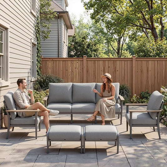 Aluminum Outdoor Patio Furniture Set, 5-Piece Outdoor Sofa with 5.1" Thick Cushions, Outdoor Couch with Ottomans, for Balcony, Porch, Gray