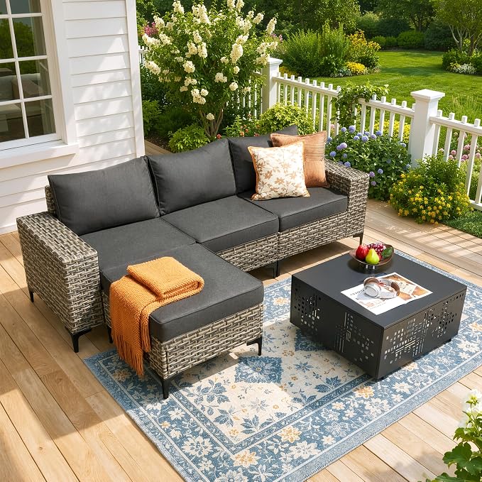 CAODOC 5-Piece Patio Furniture Set with L-Shape Sofa Chaise, Outdoor Sectional Couch Solar Table, Modern Modular Wicker Rattan Conversation Set