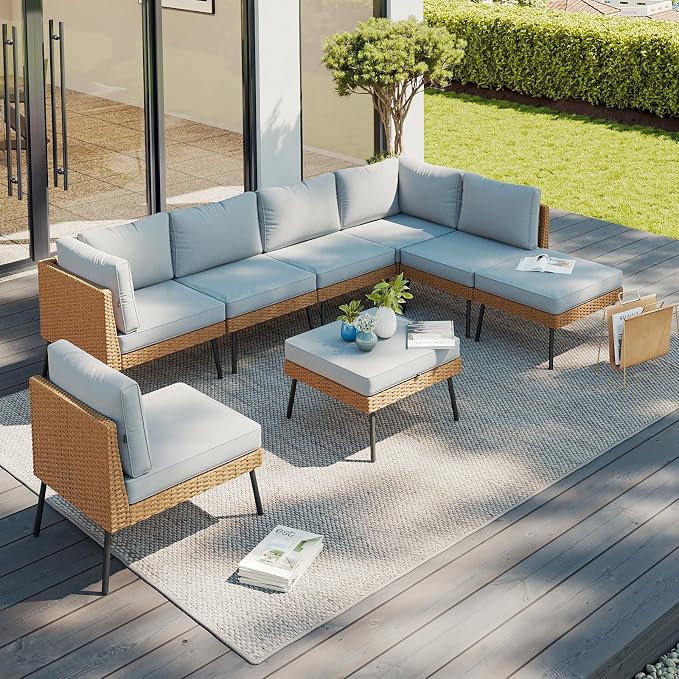 Aoxun 8 Piece Patio Furniture Set, 8 Seats Outdoor Sectional Sofas with Thick Cushion, Wicker Outdoor Patio Furniture Set with Ottomans for Party, Garden, Backyard, Grey