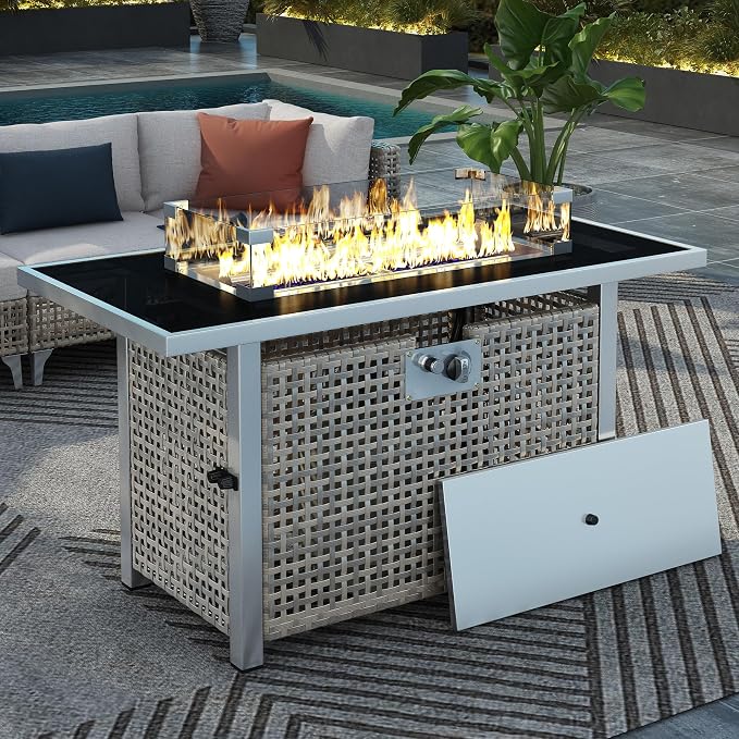 43" Propane Gas Fire Pit Table, 60000 Btu Rectangular Open Weave Wicker Fire Pit with Glass Wind Guard for Outside Patio Deck Garden Backyard - Grey