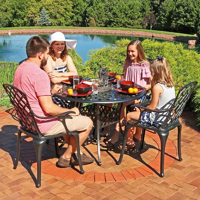 Sunnydaze Decorative Crossweave Cast Aluminum Patio Dining Table with Umbrella Hole - 41-Inch Diameter