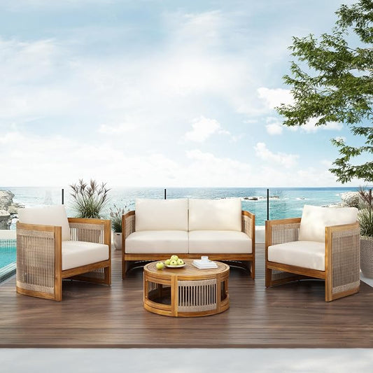 LUMISOL 4 Piece Outdoor Patio Furniture Sets, Acacia Wood Conversation Set with Coffee Table for Garden, Poolside, Backyard, Teak+Beige