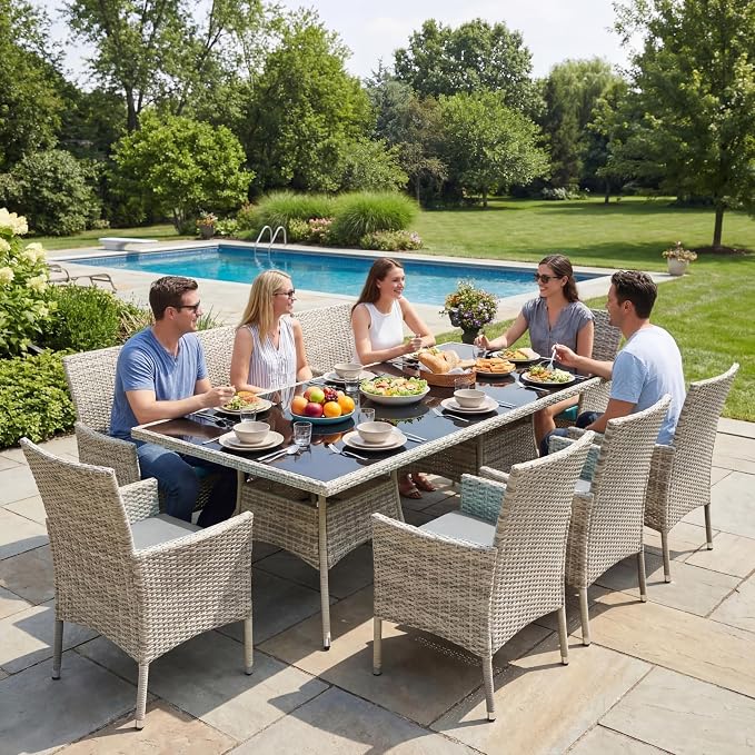 10-Piece Patio Dining Set, Patio Furniture Set with Square Tempered Glass Table & 8 Wicker Chairs, Expandable Design for Larger Groups, Outdoor Furniture for Backyard, Deck, Garden, Grey