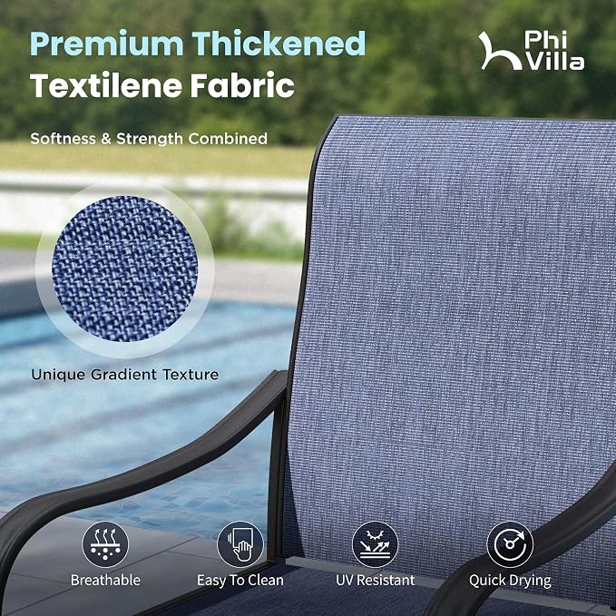 PHI VILLA Outdoor Dining Set with Umbrella for 6, Swivel Mesh Chairs | Includes 1 rectangle metal table, 6 textilene chairs and 13ft blue umbrella(NO BASE), designed for patio, deck, garden