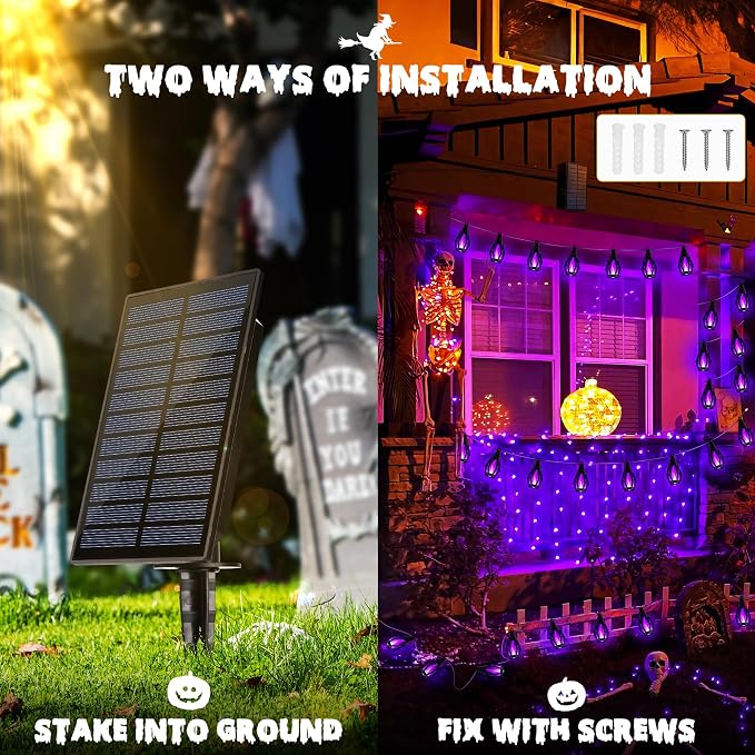 iBaycon 27FT 10 LED Solar Flame Halloween String Lights Outdoor, Purple | Ultra-Real Flickering Flame Lamp Outdoor Waterproof, Solar Patio String Lights for Garden Yard Lawn Halloween Decorations