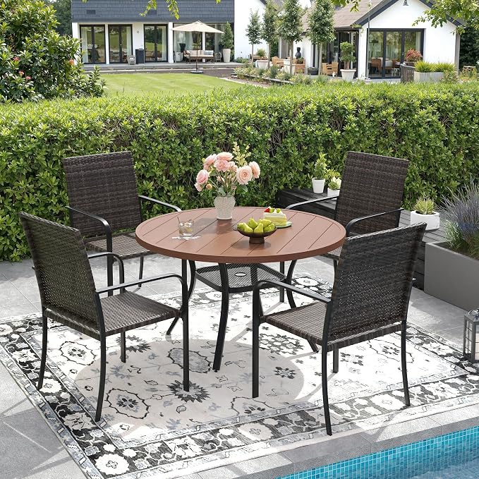 DIFY 5 Piece Outdoor Dining Set, Patio Table and Chairs Set for 4 with Umbrella Hole, 40.6" Walnut Round Dining Table & Stackable Wicker Patio Chairs, Metal Patio Furniture Set for Garden Backyard