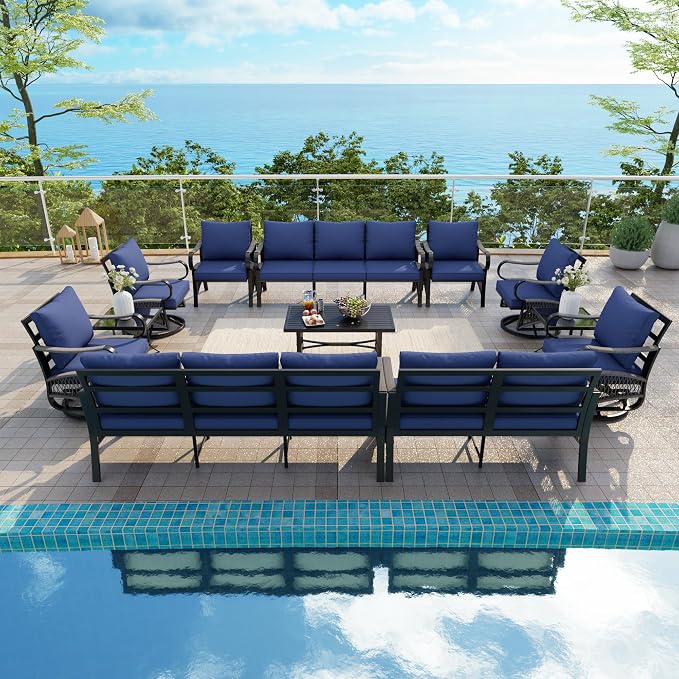 12 Pieces Patio Conversation Sets, All-Weather Metal Swivel Rocking Chairs with Rope Furniture Set, Outdoor Sofa Couch for Deck, Porch, Garden, Backyard, Poolside (Blue Cushions)