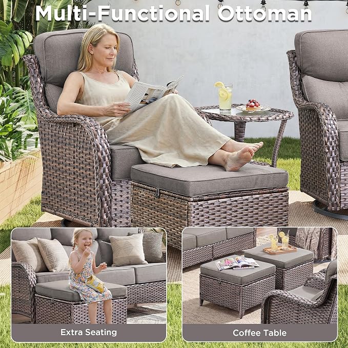 Luxury 6 Pieces Outdoor Patio Furniture Set-All Weather Wicker Outdoor Furniture with Swivel Rocker Patio Chairs 6-inch Extra Thick Cushions Wicker Conversation Set for Garden Porch(Brown/Grey)