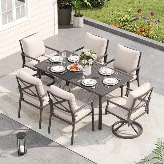 HAPPATIO Patio Dining Set, Powder-Coated Metal Outdoor Table and Chairs Set for 6,4 Chairs and 2 Swivel Rockers with Thick Cushions, 60" Rectangular Table with 1.5" Umbrella Hole for Deck Backyard