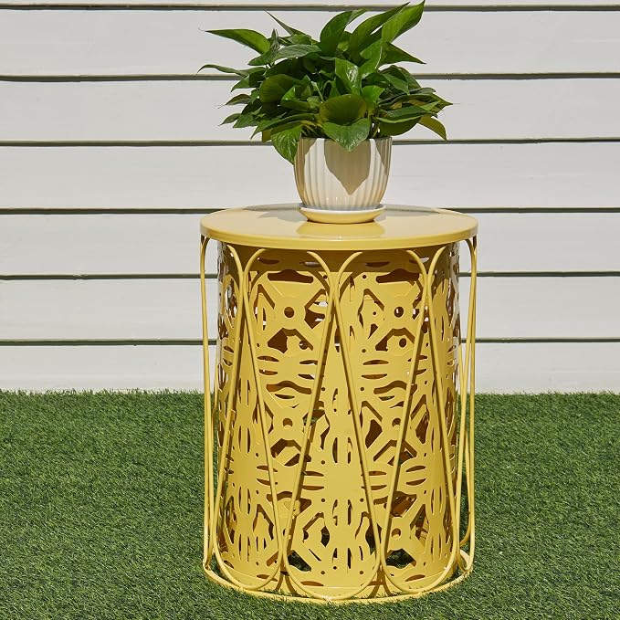 Y&M Outdoor Side Tables Set of 3, Metal Nesting Patio Side Tables for Outside, Decorative Garden Stool Plant Stand for Patio Garden Balcony Porch-Yellow
