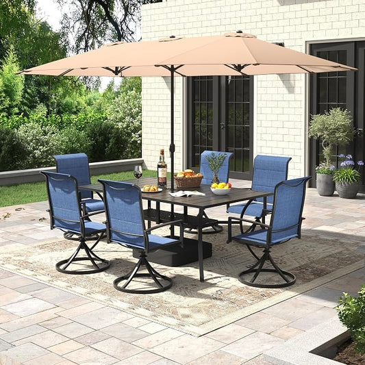 Outdoor Dining Set for 6, 8 Pieces Patio Table and Chairs Set with Umbrella, 59.2" Outdoor Dining Table and Padded Textilene Patio Swivel Chairs for Garden Backyard, Dark Blue and Black