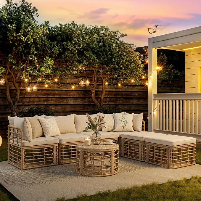 LUMISOL 7 Pieces Outdoor Wicker Sectional Sofa Set with Ottomans & Coffee Table, Rattan Conversation Sofa, Beige