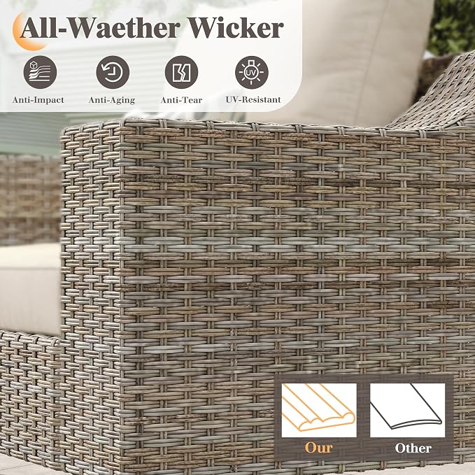 LUXOAK 3-Piece Outdoor Wicker Patio Furniture Set, 360° Swivel Rocking Chairs with Storage Side Table, PE Rattan Conversation Set with 6" Wide Armrests & Thick Cushions, for Porch/Deck/Garden/Backyard