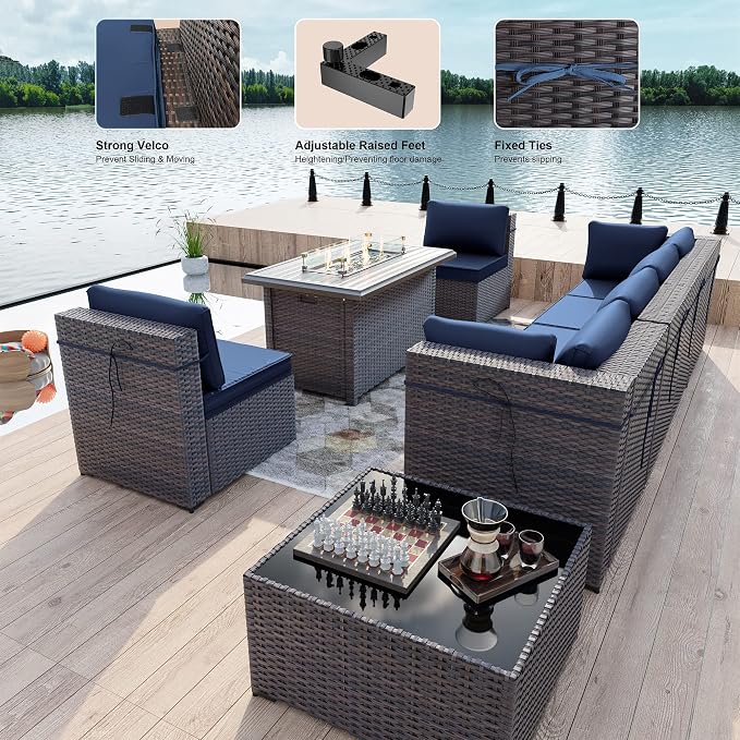 Kullavik 8 Pieces Outdoor Patio Furniture Set with 43" 55000BTU Gas Propane Fire Pit Table PE Wicker Rattan Sectional Sofa Patio Conversation Sets,Navy Blue