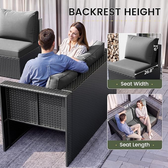Amopatio 7 Pieces Patio Furniture Set with Fire Pit Table, All-Weather Wicker Outdoor Conversation Sofa Set with Glass Coffee Table, Cushions & Ottomans for Deck Backyard Porch Lawn Black/Dark Grey