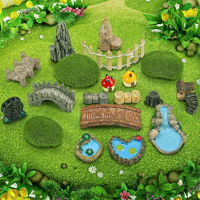 QUOZUO 21 Pcs Fairy Garden Miniatures Accessories Bridge House Landscape Water Well Fence Figurines Pond Mushroom Lawn Garden Ornament for DIY Craft Succulent Decor