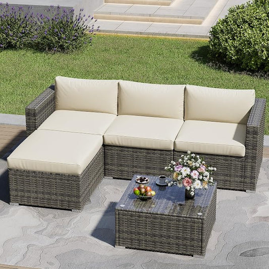 SUNVIVI OUTDOOR Outdoor Patio Furniture Set, 5 Piece Patio Conversation Set, Waterproof Wicker Patio Furniture Set, All Weather Combination Patio Conversation Sets with Cushions and Glass Table, Beige