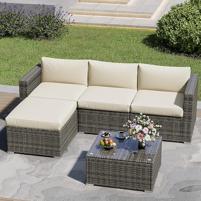 May in Color 5 Piece Outdoor Patio Sectional Furniture Set, Weather Resistant Rattan Outside Couch, Waterproof Conversation Sofa for Balcony, Porch, Backyard, Deck, Garden,Beige
