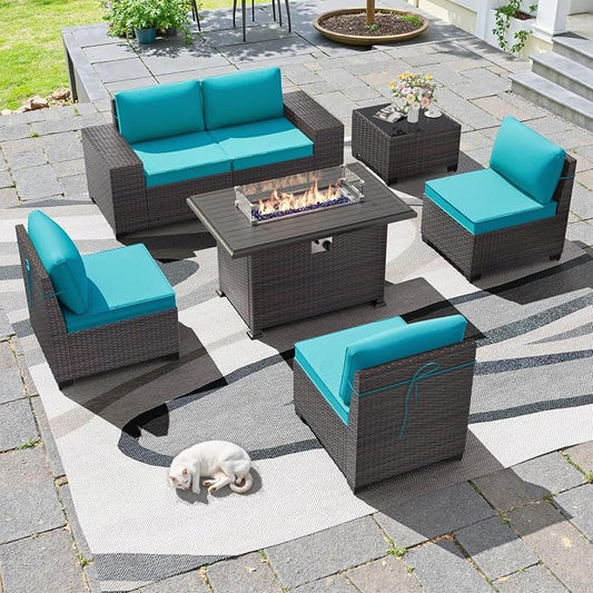 7 PCS Outdoor Patio Furniture Set,Outdoor Sectional Furniture with 43" 55000 BTU Gas Propane Fire Pit Table,All Weather PE Rattan Wicker Patio Conversation Set,Turquoise Blue