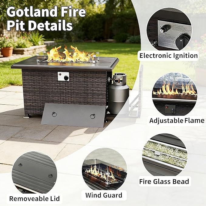 Gotland 11 Pieces Patio Furniture Set with Fire Pit Table Swivel Chairs, PE Rattan Outdoor Furniture with 29.5'' High Backrest 4’’ Thick Cushions, Outdoor Sectional for Porch, Deck, Garden, Grey