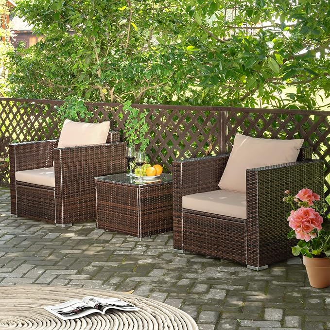 Patio Conversation Set Outdoor, 3-Piece Rattan Wicker Furniture Set with Water-Resistant Cushion & Tempered Glass Tabletop, Patio Furniture Set for Balcony, Porch, Poolside(Beige)