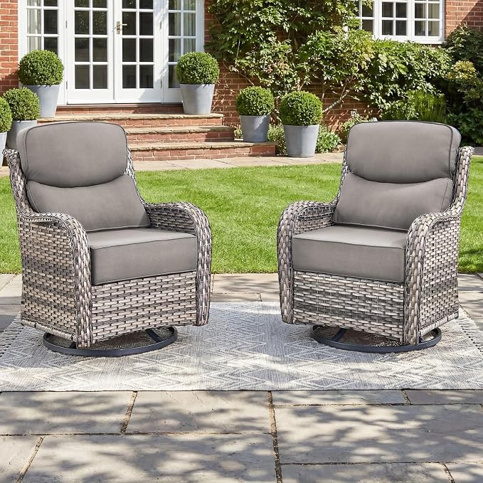 Luxury Outdoor Swivel Rocker Chairs Set with 6" Thick Cushion | Swivel Rocker Patio Chair 2pcs High Back Comfortable Outdoor patio furniture set Glider Chairs set Grey Wicker Grey Cushions