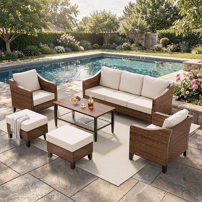 6-Piece Patio Conversation Sets, Outdoor Sectional Sofa with Ottoman & 2-Tier Coffee Table, Modular Wicker Furniture for Backyard, Garden