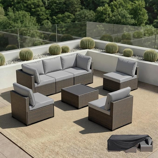 Patio Furniture Set - All-Weather - 7 Piece Patio Outdoor Conversation Set, Modular Wicker Rattan Sectional Sofa for Backyard, Garden, Poolside, Balcony, Porch, Patio, Brown/Light Gary