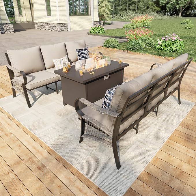 3 Pieces Outdoor Patio Conversation Sets, Outdoor Furniture Set Metal 2 Three-Seater Sofas with Fire Pit Table for Backyard Deck Porch Poolside, Beige