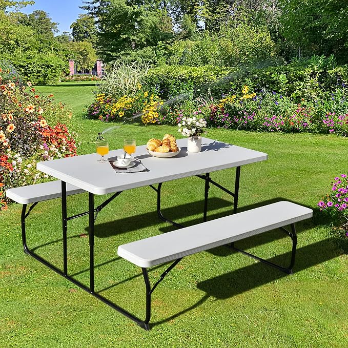 Giantex Folding Picnic Table Bench Set, Outdoor Dining Table Set, Large Camping Table for Patio Deck Lawn Garden Backyard Poolside, Portable Picnic Tables, Weather Resistant Metal Frame, White