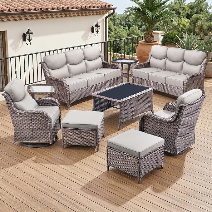 Luxury 6" Thick Cushion 9 Pieces Wicker Patio Furniture Set with High Back Swivel Rocker Chairs, Outdoor Conversation Set with Patio Couch for Deck Porch Yard and Poolside