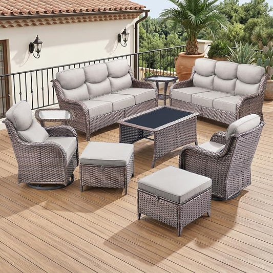 Luxury 6" Thick Cushion 9 Pieces Wicker Patio Furniture Set with High Back Swivel Rocker Chairs, Outdoor Conversation Set with Patio Couch for Deck Porch Yard and Poolside